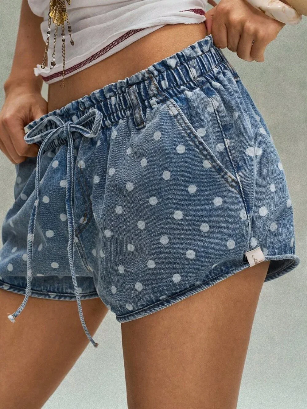 Blue Casual Women's Beach Polka Dot Tie-Waist Shorts